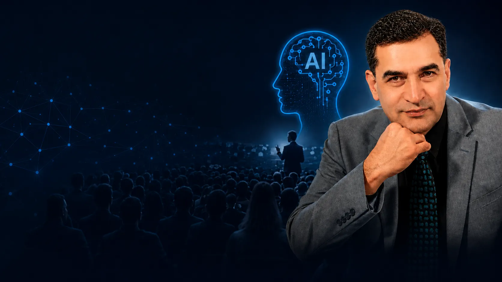 Dr Attiq Rehman, hand to chin, beside a glowing AI brain graphic and an audience.